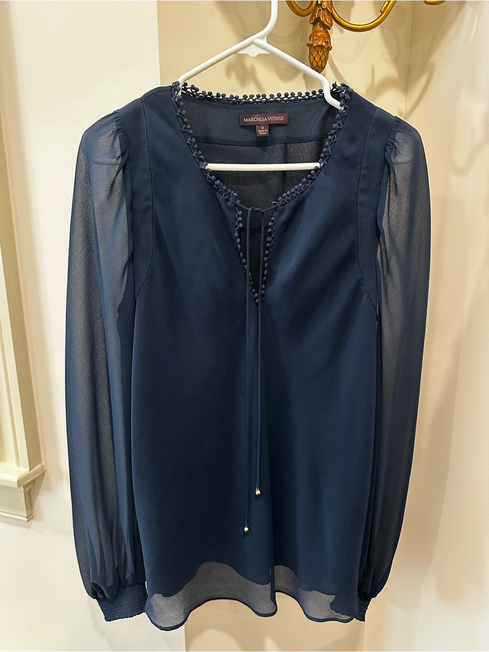 Marchesa Voyage Navy Sheer Long-Sleeve Blouse